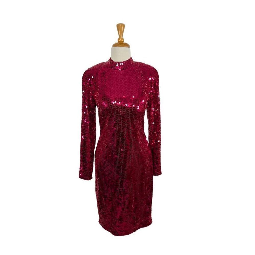 Nightline M VTG 12 Red Sequin Disco Dress Keyhole Back 70s 80s Costume Tootsie - Picture 9 of 10